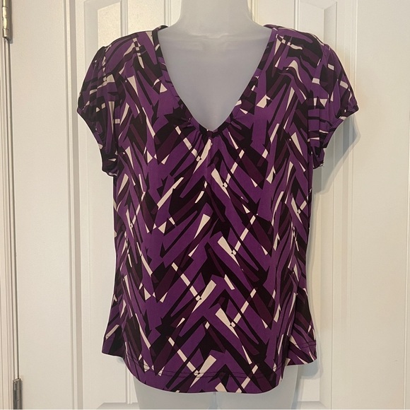 Women's Worthington Petite Stretch Top Blouse Size PXL Purple White Black - Picture 2 of 9